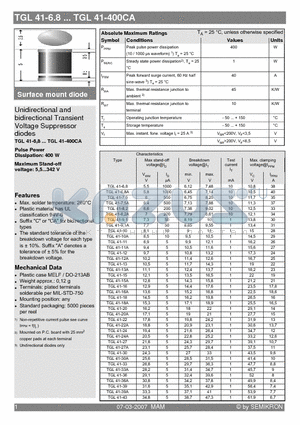 TGL41-10 datasheet - Surface mount diode Unidirectional and bidirectional Transient Voltage Suppressor diodes