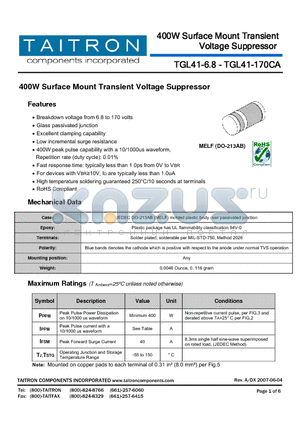 TGL41-10 datasheet - 400W Surface Mount Transient Voltage Suppressor