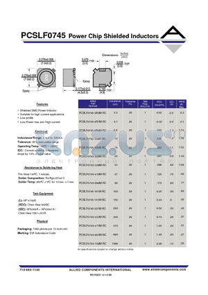 PCSLF0745-151M-RC datasheet - Power Chip Shielded Inductors