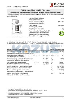 TGL41-100A datasheet - Surface mount unidirectional and bidirectional Transient Voltage Suppressor Diodes