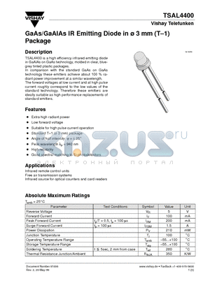 TSAL4400 datasheet - GaAs/GaAlAs IR Emitting Diode in ^3 mm (T.1) Package