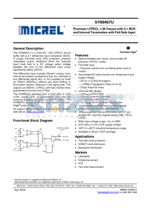 SY89467UHYTR datasheet - Precision LVPECL 1:20 Fanout with 2:1 MUX and Internal Termination with Fail-Safe Input