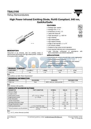 TSAL5100 datasheet - High Power Infrared Emitting Diode, RoHS Compliant, 940 nm, GaAlAs/GaAs