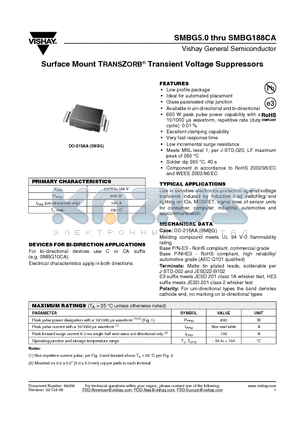 SMBG130 datasheet - Surface Mount TRANSZORB^ Transient Voltage Suppressors