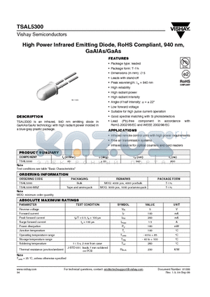 TSAL5300-MSZ datasheet - High Power Infrared Emitting Diode, RoHS Compliant, 940 nm, GaAlAs/GaAs