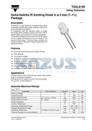 TSAL6100 datasheet - GaAs/GaAlAs IR Emitting Diode in ^5 mm (T-13/4) Package