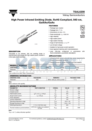 TSAL6200_08 datasheet - High Power Infrared Emitting Diode, RoHS Compliant, 940 nm, GaAlAs/GaAs