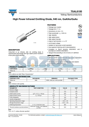 TSAL6100_09 datasheet - High Power Infrared Emitting Diode, 940 nm, GaAlAs/GaAs