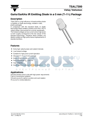 TSAL7300 datasheet - GaAs/GaAlAs IR Emitting Diode in ^5 mm (T-13/4) Package