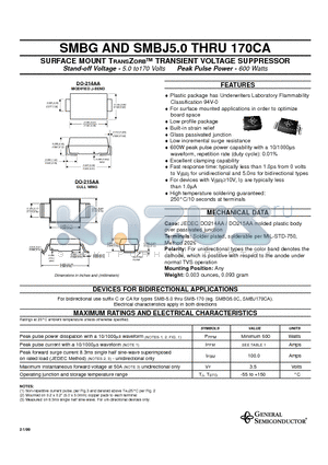 SMBG170 datasheet - SURFACE MOUNT TRANSZORB TRANSIENT VOLTAGE SUPPRESSOR