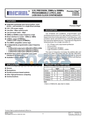 SY89533LHH datasheet - 3.3V, PRECISION, 33MHz to 500MHz PROGRAMMABLE LVPECL AND LVDS BUS CLOCK SYNTHESIZER