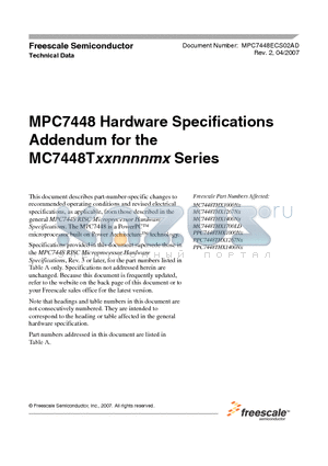 PPC7448THX1267NX datasheet - Hardware Specifications Addendum for the MC7448T xxnnnnmx Series