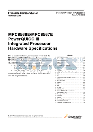 PPC8568ECVTAQGGA datasheet - MPC8568E/MPC8567E PowerQUICC III Integrated Processor Hardware Specifications