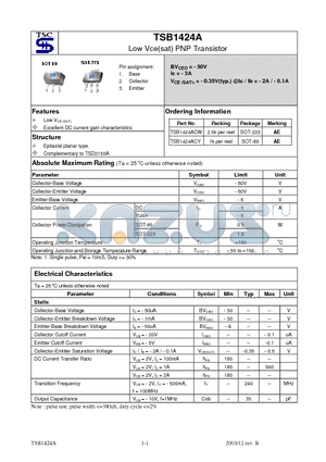 TSB1424ACW datasheet - Low Vce(sat) PNP Transistor