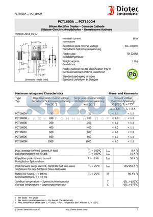 PCT1600B datasheet - Silicon Rectifier Diodes . Common Cathode
