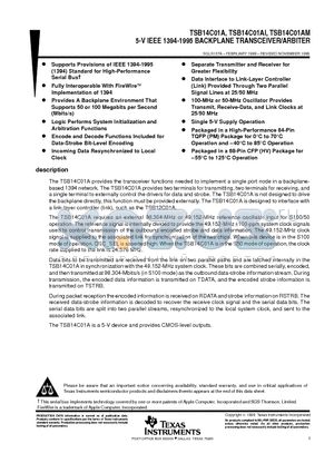 TSB14C01AMHV datasheet - 5-V IEEE 1394-1995 BACKPLANE TRANSCEIVER/ARBITER