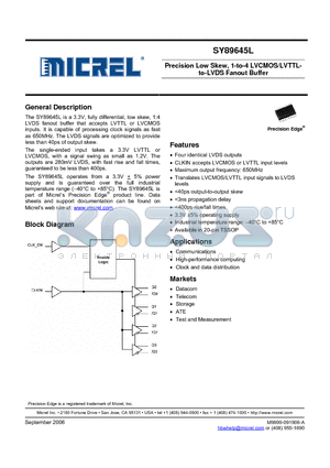 SY89645LK4G datasheet - Precision Low Skew, 1-to-4 LVCMOS/LVTTLto-LVDS Fanout Buffer