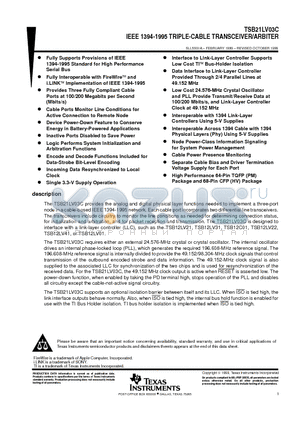 TSB21LV03 datasheet - IEEE 1394-1995 TRIPLE-CABLE TRANSCEIVER/ARBITER