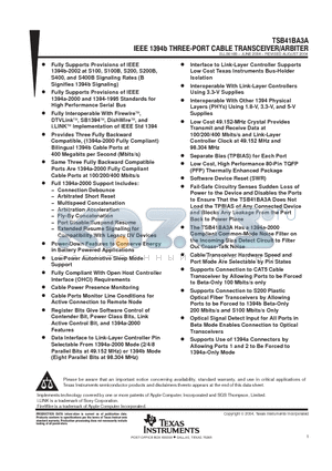 TSB41BA3AIGGM datasheet - IEEE 1394b THREE-PORT CABLE TRANSCEIVER/ARBITER