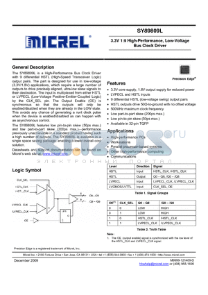 SY89809LTC datasheet - 3.3V 1:9 High-Performance, Low-Voltage Bus Clock Driver