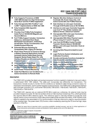 TSB41LV01 datasheet - IEEE 1394A ONE-PORT CABLE TRANSCEIVER/ARBITER