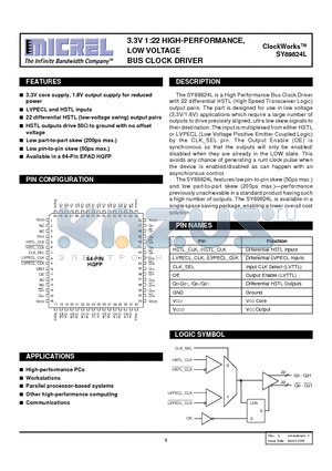 SY89824LHC datasheet - 3.3V 1:22 HIGH-PERFORMANCE, LOW VOLTAGE BUS CLOCK DRIVER