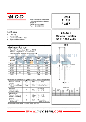 RL251 datasheet - 2.5 Amp Silicon Rectifier 50 to 1000 Volts