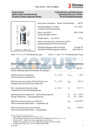 TGL41-20 datasheet - Surface Mount unidirectional and bidirectional Transient Voltage Suppressor Diodes