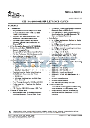 TSB43DA42AGHCR datasheet - IEEE 1394a-2000 CONSUMER ELECTRONICS SOLUTION