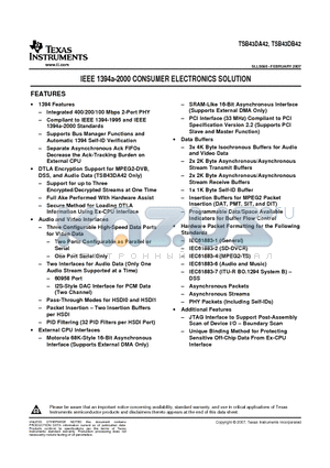 TSB43DA42PDV datasheet - IEEE 1394a-2000 CONSUMER ELECTRONICS SOLUTION