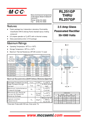 RL252GP datasheet - 2.5 Amp Glass Passivated Rectifier 50-1000 Volts