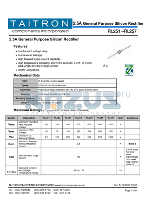 RL253 datasheet - 2.5A General Purpose Silicon Rectifier