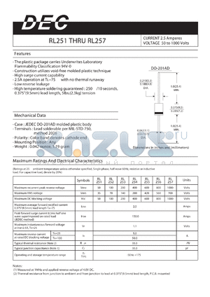 RL254 datasheet - CURRENT 2.5 Amperes VOLTAGE 50 to 1000 Volts