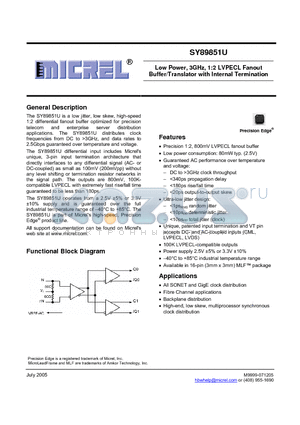 SY89851UMG datasheet - Low Power, 3GHz, 1:2 LVPECL Fanout Buffer/Translator with Internal Termination