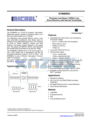 SY89850U datasheet - Precision Low-Power LVPECL Line Driver/Receiver with Internal Termination