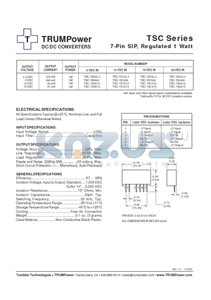 TSC-1S0505 datasheet - DC/DC CONVERTERS 7-Pin SIP, Regulated 1 Watt