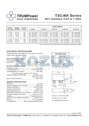 TSC-1D2415NH datasheet - DC/DC CONVERTERS 3KV Isolation, 0.25 to 1 Watt