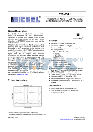 SY89854UMGTR datasheet - Precision Low Power 1:4 LVPECL Fanout Buffer/Translator with Internal Termination