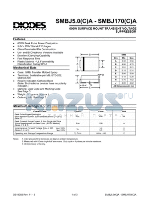 SMBJ100A datasheet - 600W SURFACE MOUNT TRANSIENT VOLTAGE SUPPRESSOR