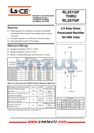 RL256GP datasheet - 2.5Amp glass passivated rectifier 50-1000 volts