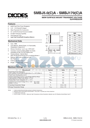 SMBJ100A datasheet - 600W SURFACE MOUNT TRANSIENT VOLTAGE SUPPRESSOR