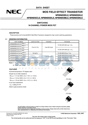 NP80N055DLE datasheet - MOS FIELD EFFECT TRANSISTOR SWITCHING N-CHANNEL POWER MOS FET