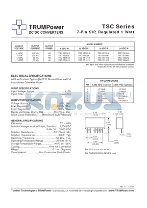 TSC-1S1505 datasheet - DC/DC CONVERTERS 7-Pin SIP, Regulated 1 Watt