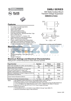 SMBJ100A datasheet - 600 Watts Surface Mount Transient Voltage Suppressor