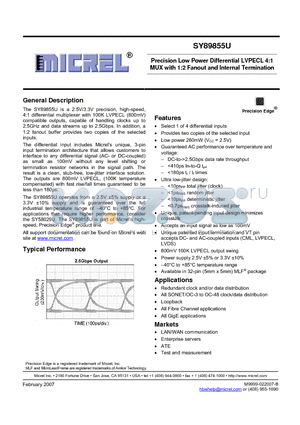 SY89855U datasheet - Precision Low Power Differential LVPECL 4:1 MUX with 1:2 Fanout and Internal Termination