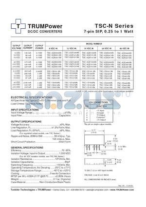 TSC-1S2412N datasheet - DC/DC CONVERTERS 7-pin SIP, 0.25 to 1 Watt