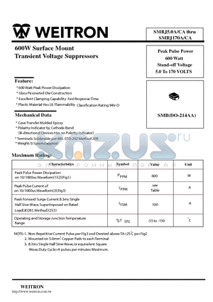 SMBJ100CA datasheet - 600W Surface Mount Transient Voltage Suppressors