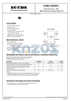 SMBJ100CA datasheet - 600W Peak Power Surface Mount TVS