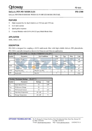 PD-1300-XS datasheet - InGaAs PIN PD MODULES InGaAs PIN PHOTODIODE WITH GI-50 MULTI-MODE PIGTAIL