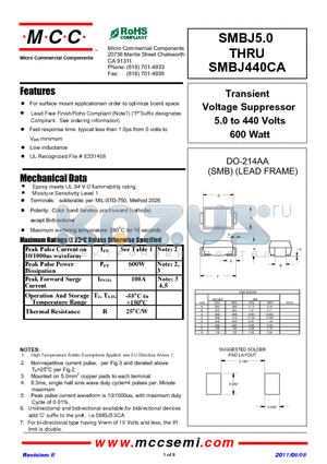 SMBJ10C datasheet - Transient Voltage Suppressor 5.0 to 440 Volts 600 Watt